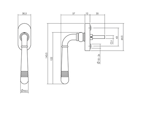 Technische tekening van een raamkruk met afmetingen
