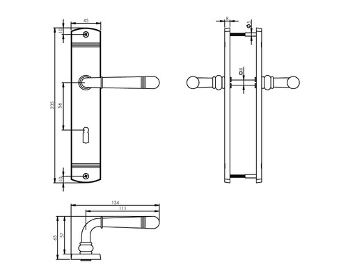 Technische tekening van een deurklink met lang schild en maatvoering