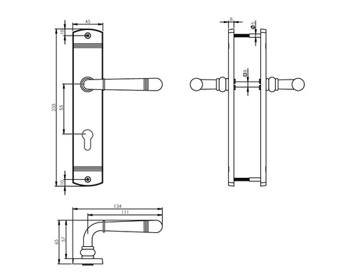 Technische tekening van een deurklink met lang schild en maatgegevens.