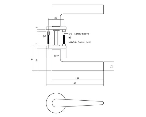 Technische tekening van een deurklink met afmetingen