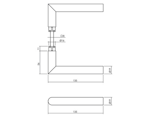 Technische tekening van een deurklink met afmetingen