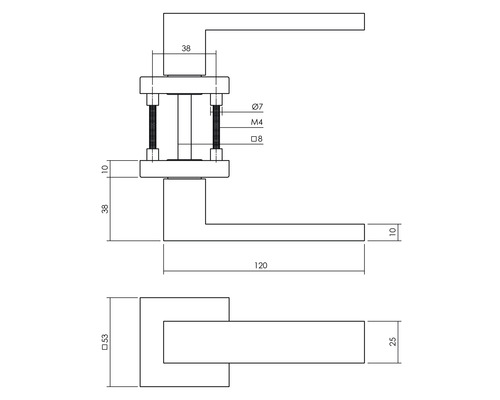 Technische tekening van een deurklink met afmetingen