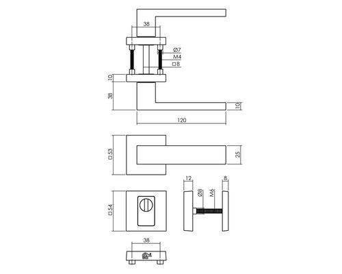 Technische tekening van een deurklink met afmetingen