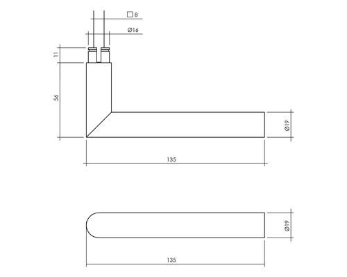 Technische tekening van een deurklink met afmetingen