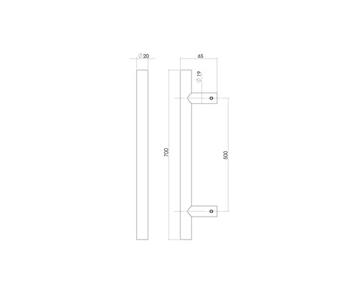Technische tekening van een deurklink met afmetingen