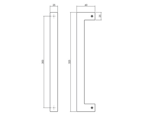 Technische tekening van een stanggreep en een hoekgreep met maatvoering