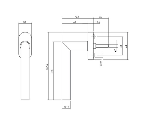 Technische tekening van een deurklink met afmetingen
