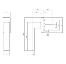 Technische tekening van een deurklink met afmetingen