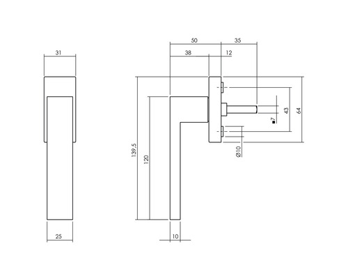 Technische tekening van een deurklink met afmetingen