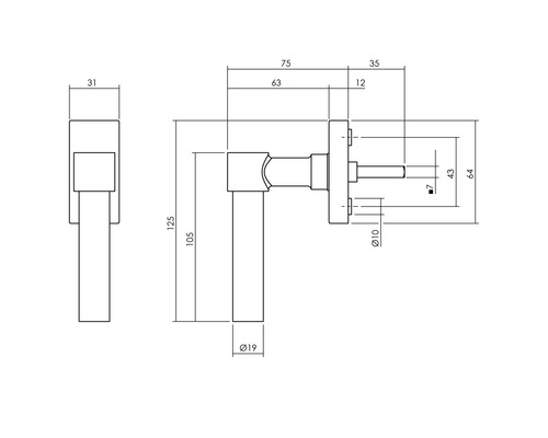 Technische tekening van een deurklink met afmetingen