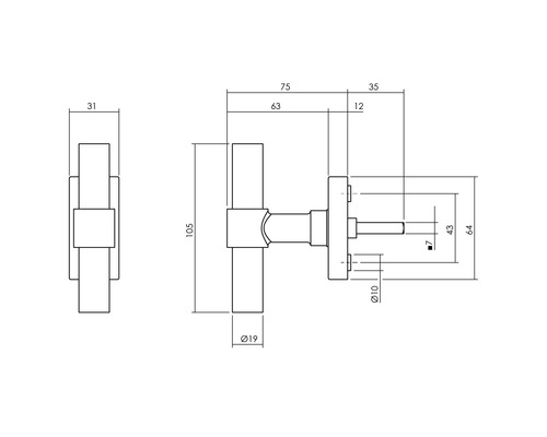 Technische tekening van een raamkruk met maatvoering.