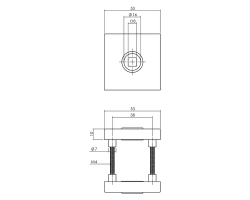 Technische tekening van een bevestigingselement met maataanduidingen.