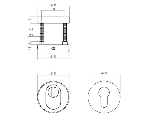 Technische tekening van een deurbeslag met afmetingen