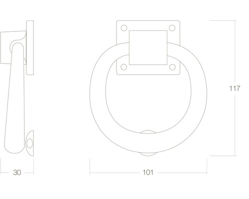 Technische tekening van een deurklopper met maatvoering