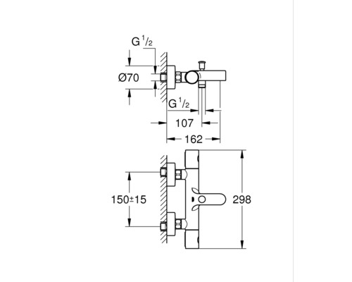 Maatschets van een kraan met wandmontage en diverse maatvoeringen