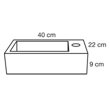Schets van een plantenbak met de afmetingen 40 cm, 22 cm en 9 cm.