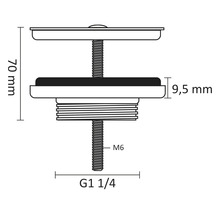 Technische tekening van een afvoerventiel met de afmetingen 70 mm, 9,5 mm, G 1 1/4 en M6