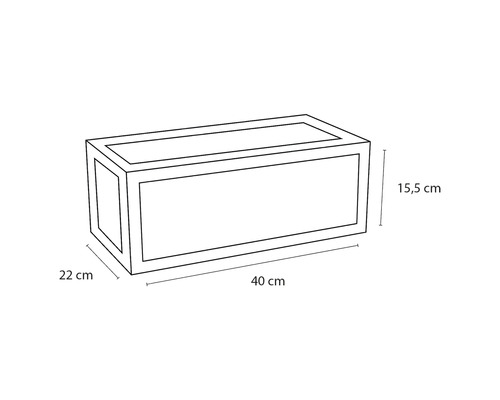 Illustratie van een plantenbak met de afmetingen 40, 22 en 15,5 centimeter.
