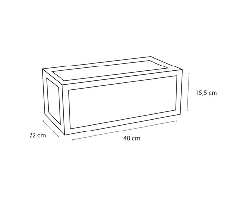 Afbeelding van een plantenbak met de afmetingen 40 cm lengte, 22 cm breedte en 15,5 cm hoogte