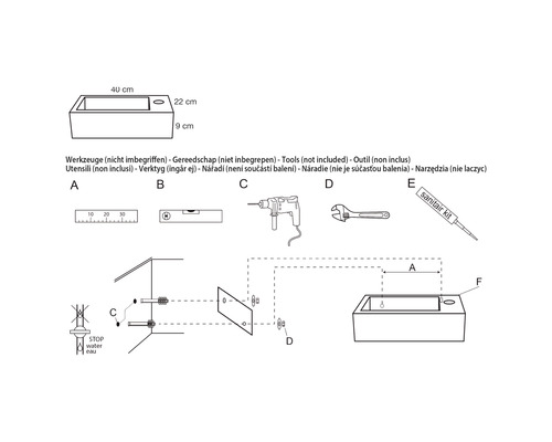 Montagehandleiding voor wastafel met maatvoering en benodigde gereedschappen