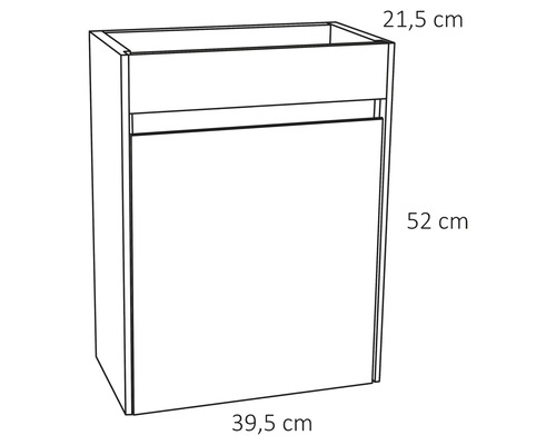 Tekening van een badkamerkast met de afmetingen 21,5 cm x 52 cm x 39,5 cm