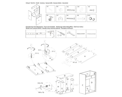 Geïllustreerde montage-instructies voor meubels met onderdelenlijst en gereedschapsoverzicht