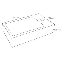 Schets van een wastafel met de afmetingen 400 mm lengte, 220 mm breedte en 110 mm hoogte.