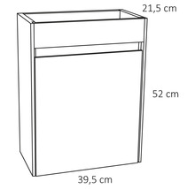Schets van een badkameronderkast met de afmetingen 21,5 cm diep, 52 cm hoog en 39,5 cm breed.