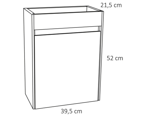 Schets van een badkameronderkast met de afmetingen 21,5 cm diep, 52 cm hoog en 39,5 cm breed.