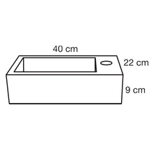 Schets van een rechthoekige wastafel met de afmetingen 40 cm breed, 22 cm hoog en 9 cm diep