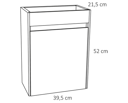 Tekening van een badkameronderkast met de afmetingen 21,5 cm x 39,5 cm x 52 cm.