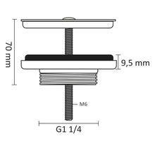 Technische tekening van een afvoerventiel met de afmetingen 70 mm hoogte en 9,5 mm dikte