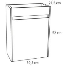 Omtrektekening van een onderkast met de afmetingen 21,5 cm, 52 cm en 39,5 cm