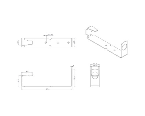 Technische tekening van een papierrolhouder met maatvoering