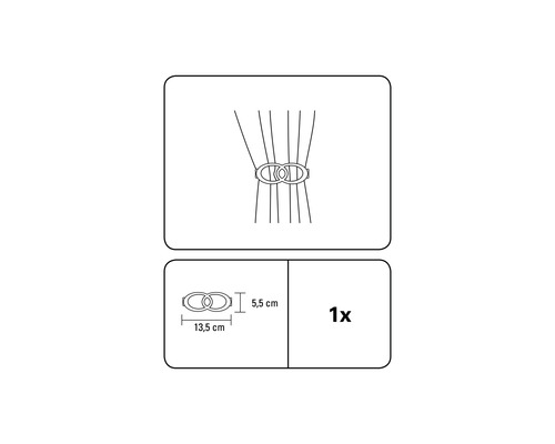 Afbeelding van een gordijnhaak met de afmetingen 13,5 cm breed en 5,5 cm hoog.
