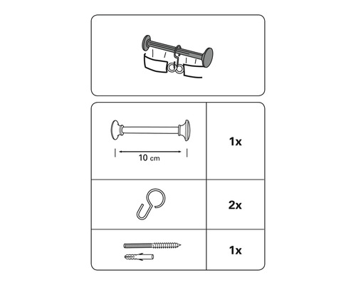 Afbeelding van de onderdelen van een gordijnroede: roede, beugel, haken en schroeven