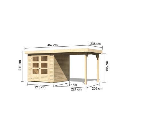 Houten tuinhuis met aanbouw en afmetingen
