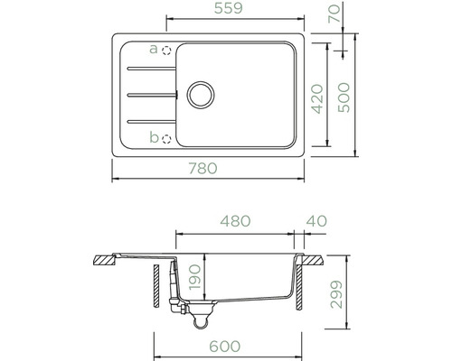Technische tekening van een aanrechtspoelbak met afmetingen