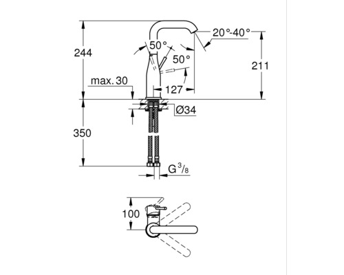Technische tekening van een kraan met maatvoering