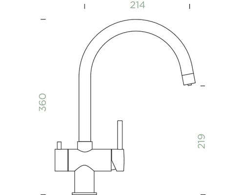 Technische tekening van een keukenkraan met afmetingen.