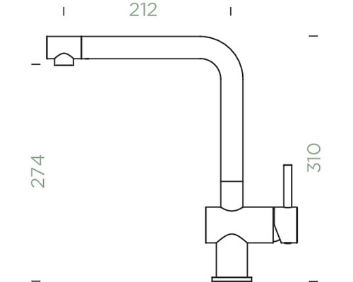 Technische tekening van een keukenkraan met afmetingen