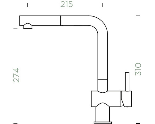 Technische tekening van een keukenkraan met uittrekbare uitloop en de afmetingen 215, 274 en 310.