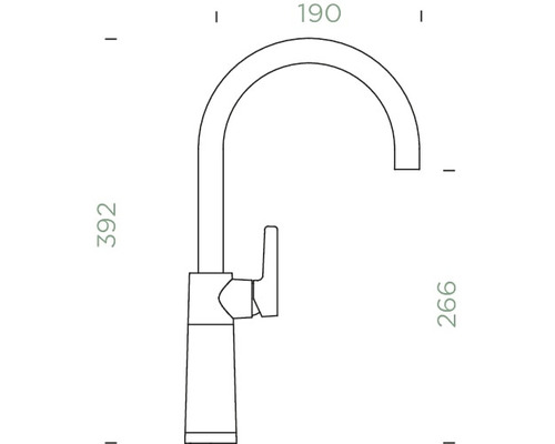 Technische tekening van een keukenkraan met afmetingen