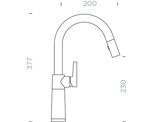 Tekening van een keukenkraan met de afmetingen 377, 200 en 230 millimeter.