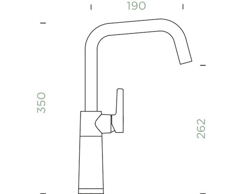 Technische tekening van een keukenkraan met maataanduidingen.