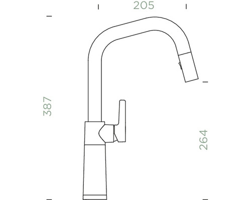 Technische tekening van een keukenkraan met sproeier en maatvoering