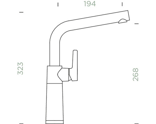 Technische tekening van een keukenkraan met aanduiding van hoogte en breedte.