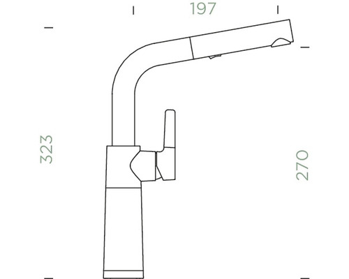 Technische tekening van een keukenkraan met uittrekbare sproeier en de afmetingen 323, 197 en 270.