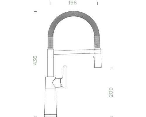 Technische tekening van een keukenkraan met de afmetingen 196, 436 en 209.