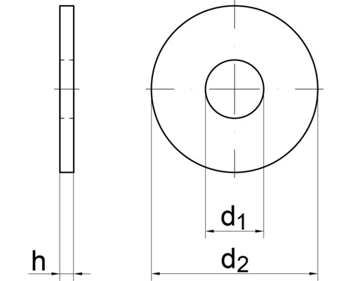 REYHER Carrosseriering 13 mm DIN9021 RVS A4, 50 stuks Technische tekening van een sluitring met de afmetingen h, d1 en d2